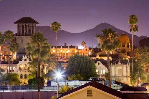 Evening view of downtown Riverside, California, skyline.