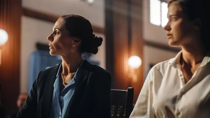 Two women are seated in a courtroom and are attentively listening during a legal proceeding illustrating the importance of having skilled legal representation when navigating a record trap situation in court in California.
