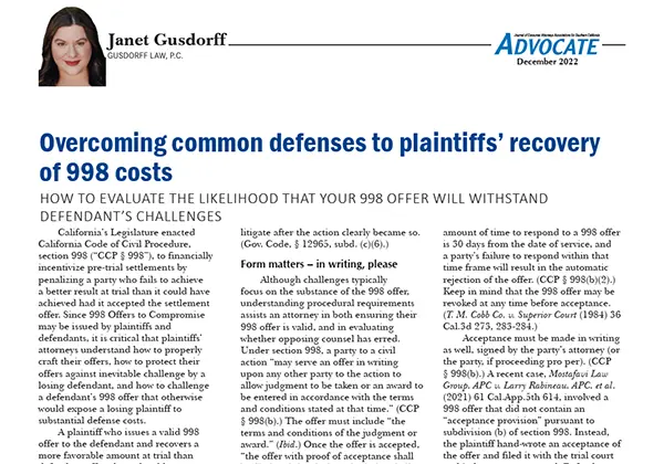 Overcoming Common Defenses to Plaintiffs' Recovery of 998 Costs