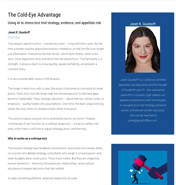 Gusdorff Law Publication: The Cold-Eye Advantage - Using AI to stress-test trial strategy, evidence, and appellate risk